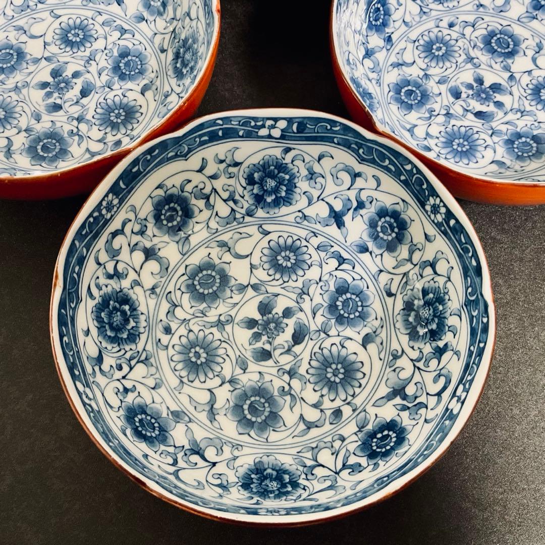 ⭐️工芸品⭐️【４枚セット】藍染錦彩 赤絵 染付 鉢皿 銘々皿 盛皿