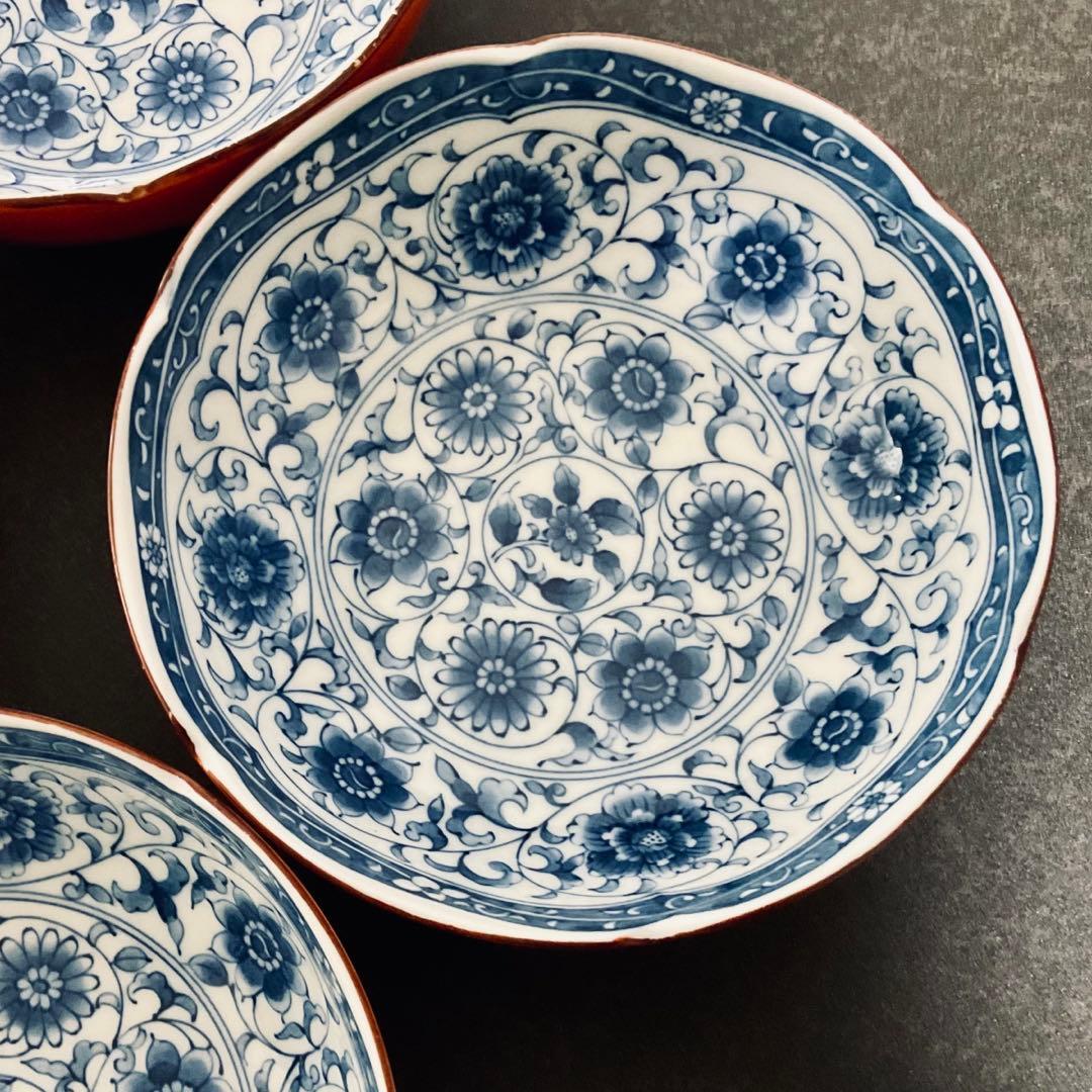 ⭐️工芸品⭐️【４枚セット】藍染錦彩 赤絵 染付 鉢皿 銘々皿 盛皿