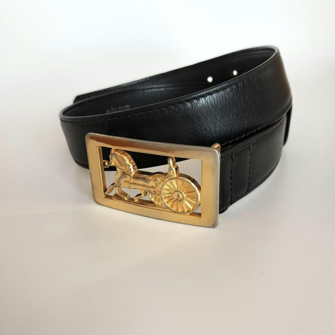 セリーヌ CELINE 馬車金具 ベルト レザー ブラック ゴールド バックル