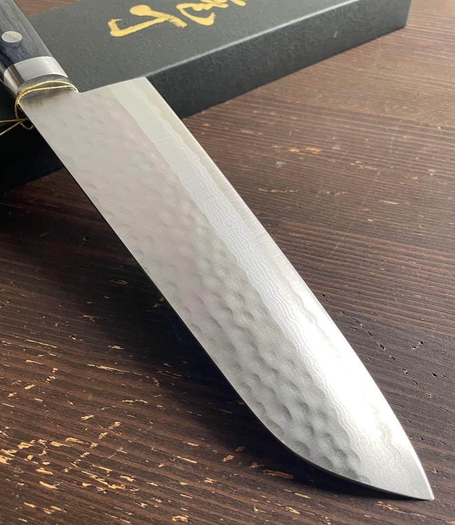 増谷刃物 訓平作 三徳包丁 VG10ステンレス 積層槌目（刻流）口金有 紺