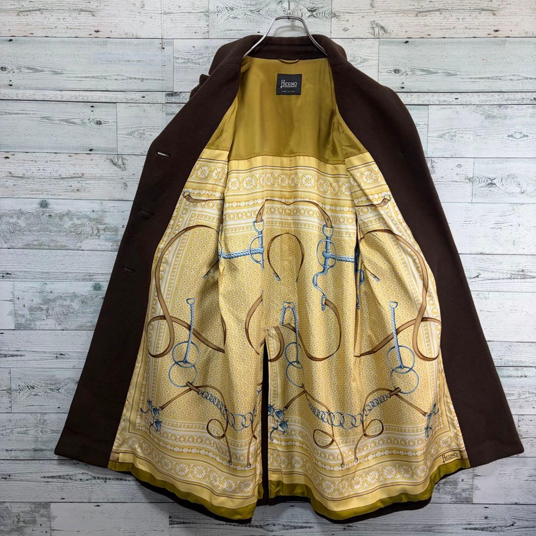 ☆大きいサイズ・XL☆チェスターコート　裏地総柄　羊毛&カシミヤ　ブラウン