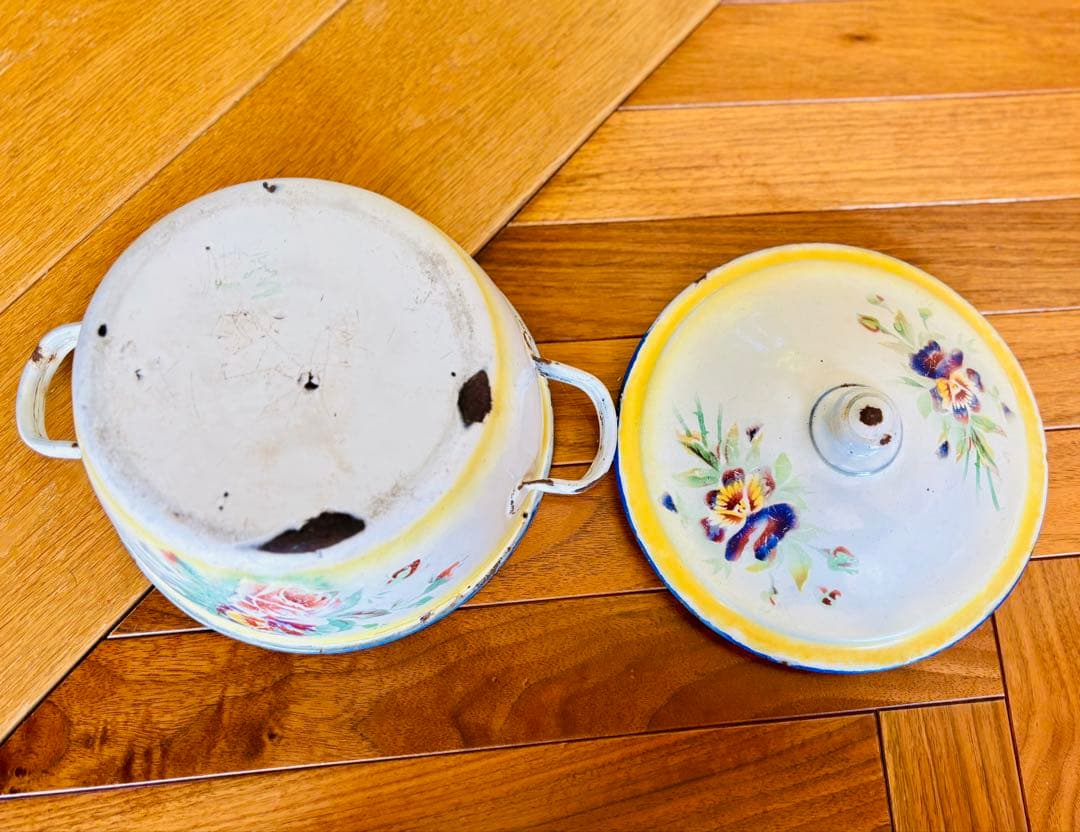 フランスアンティーク ホーロー パンジーの小さなお鍋 イエロー