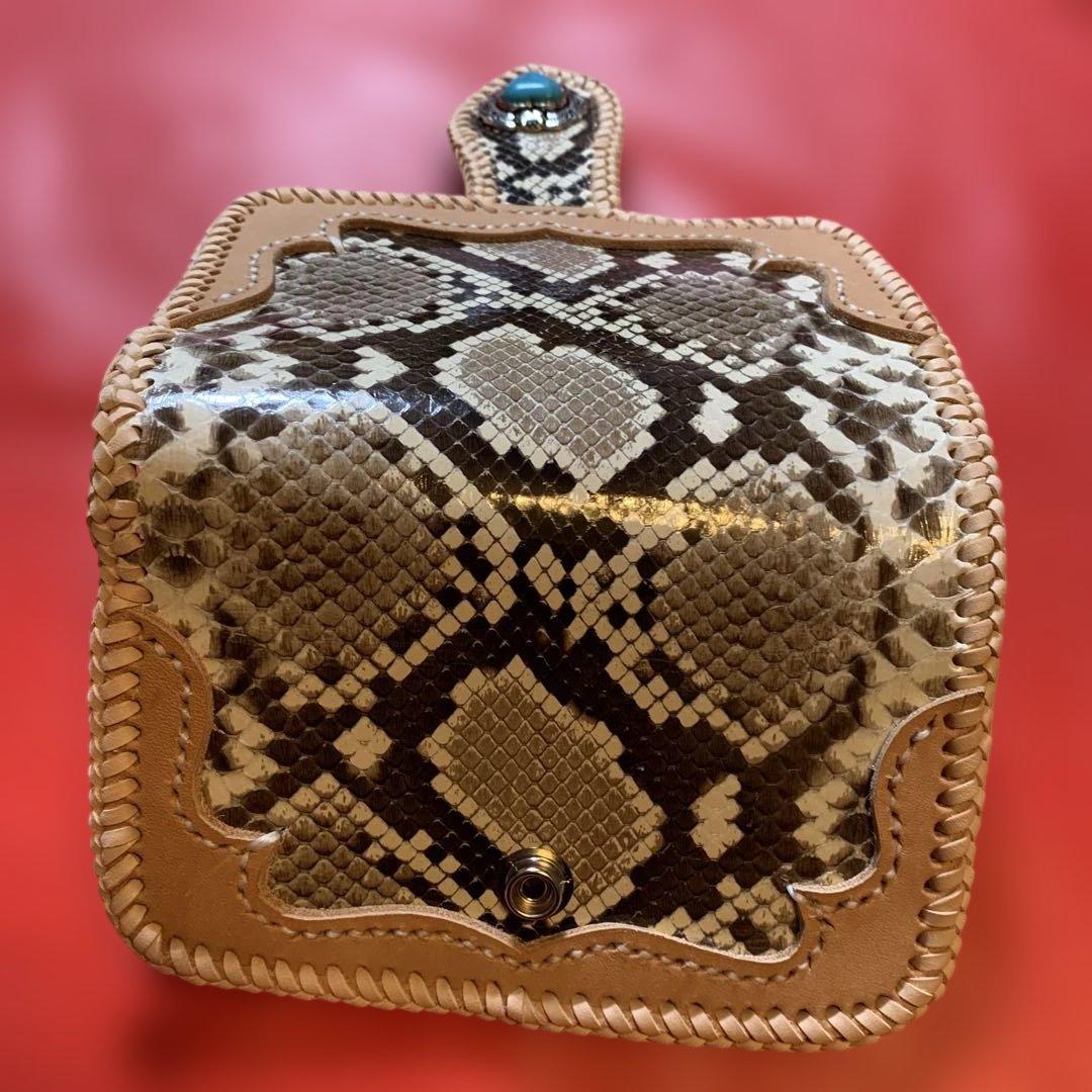 ハンドメイドレザークラフトダイヤモンドパイソンミドルウォレットヌメ革牛レース編み