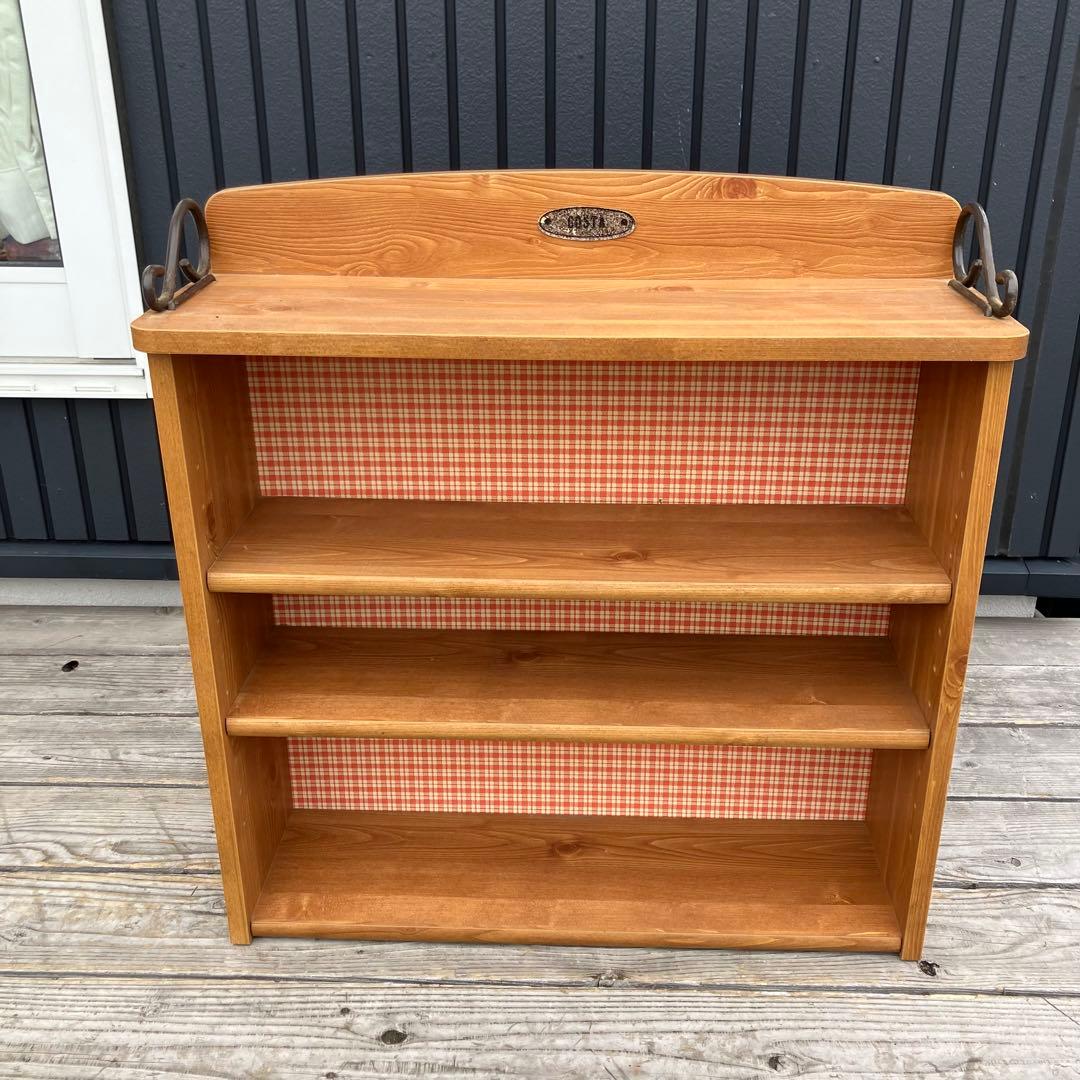 昭和レトロ 古家具 木製飾り棚 3段 チェックディスプレイラック オープンラック