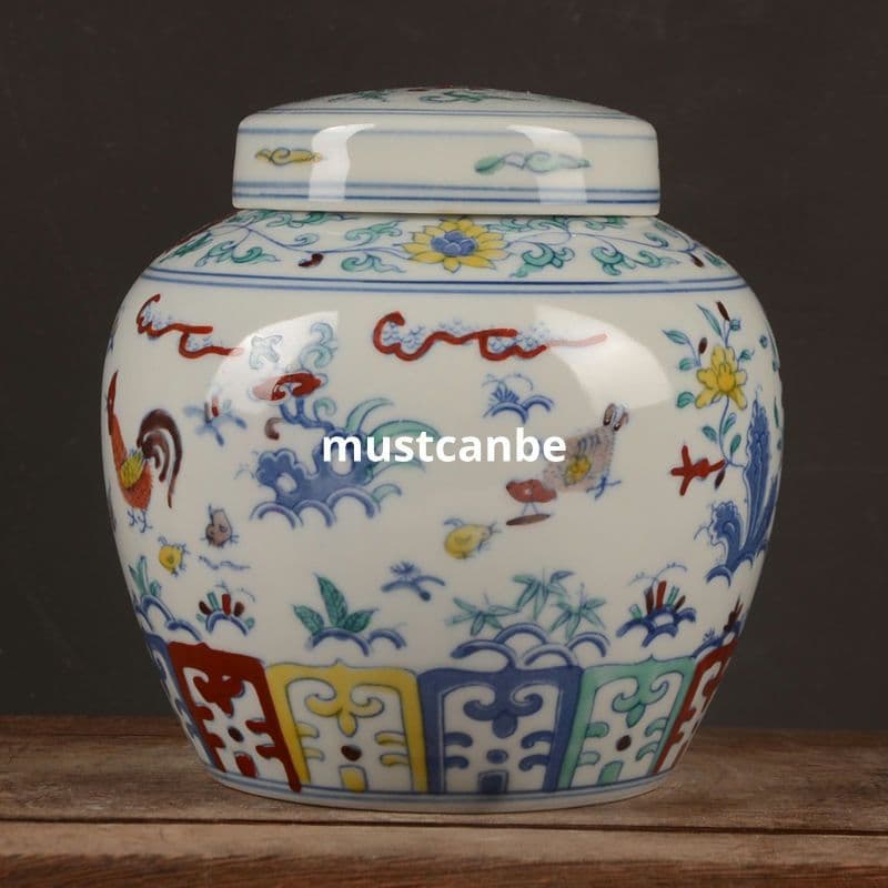 明成化手画斗彩鶏紋天字 缶茶壺 景徳鎮 陶磁器 装飾品 現代工芸品 美術品 置物