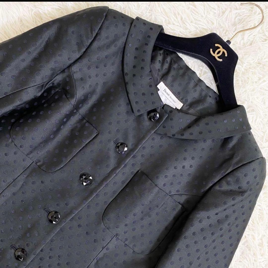 《美品》ルネ TISSUE 膝下丈ワンピース ドット 襟 ボタン 黒 38