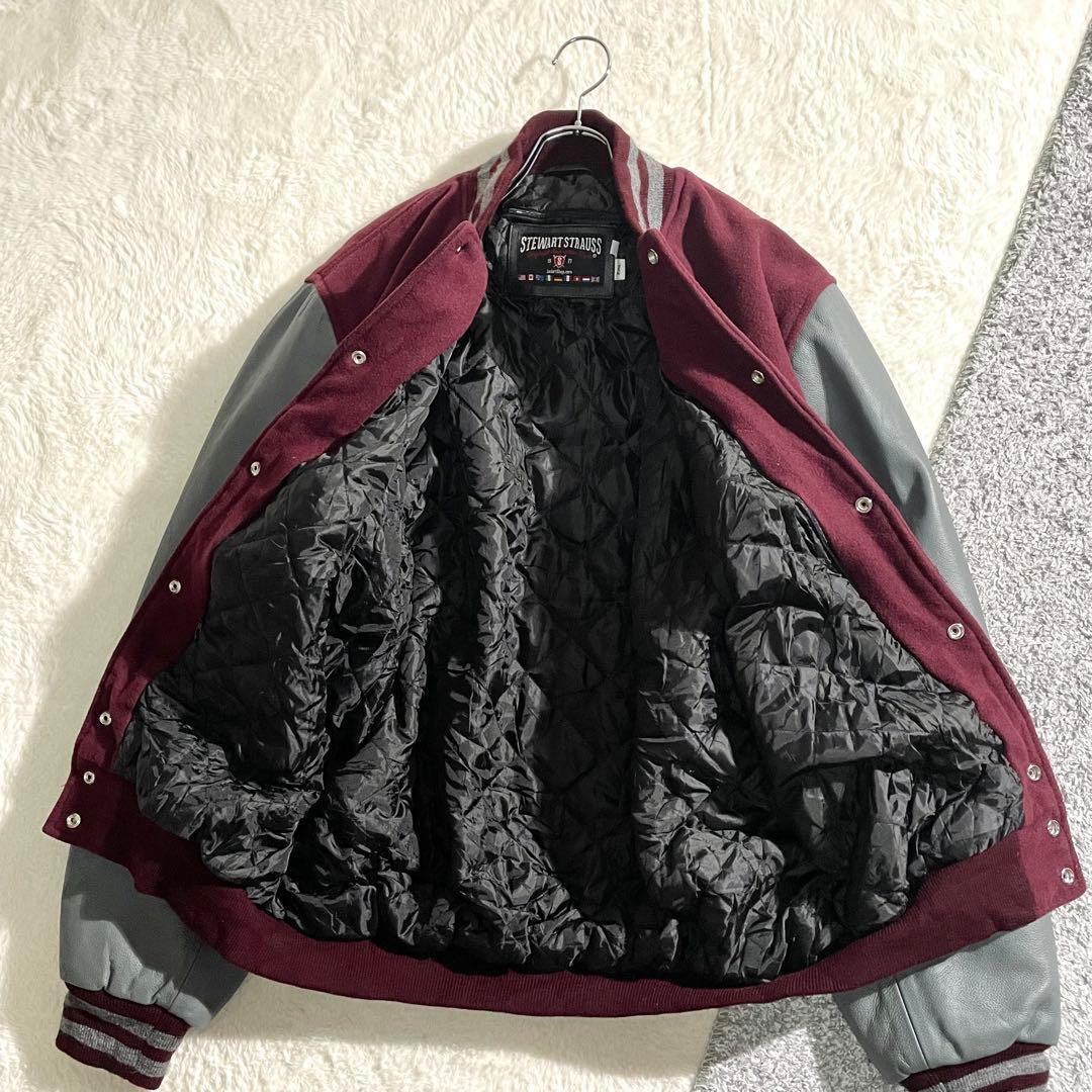 STEWART&STRAUSS　ウールスタジャン　袖レザー　2XL　エンジ無地