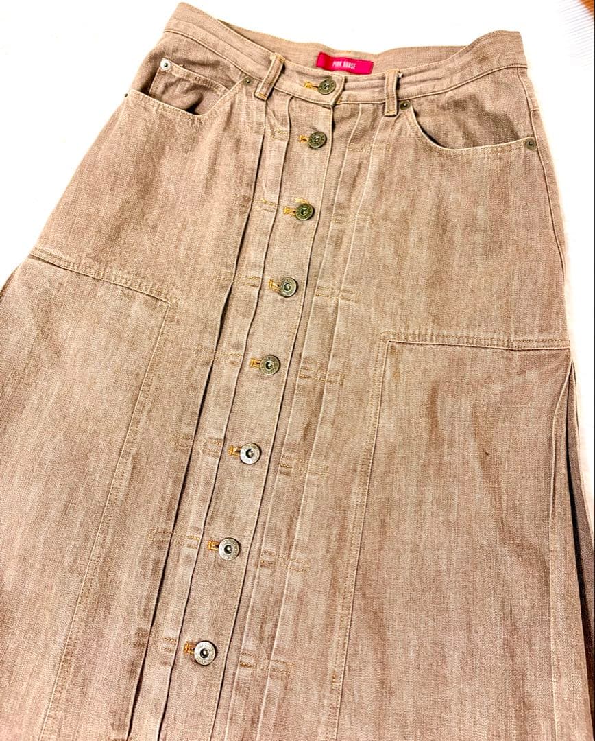 PINK HOUSE♡ピンクハウス 箱プリーツデニムロングスカート L 【茶】