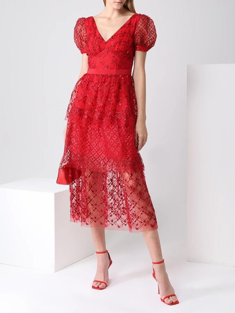 p*u様 セルフポートレイト ワンピース ティアード スパンコール レッド UK