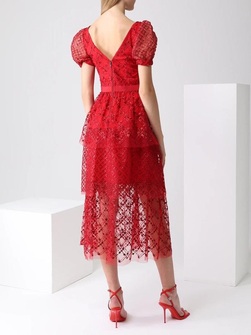 p*u様 セルフポートレイト ワンピース ティアード スパンコール レッド UK