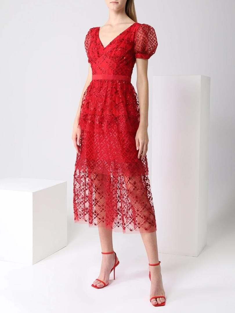 p*u様 セルフポートレイト ワンピース ティアード スパンコール レッド UK