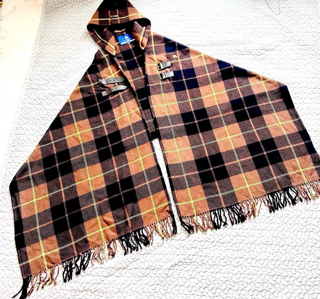 バーバリーブルーレーベル❤️ポンチョ ストール チェック フード　ウール100