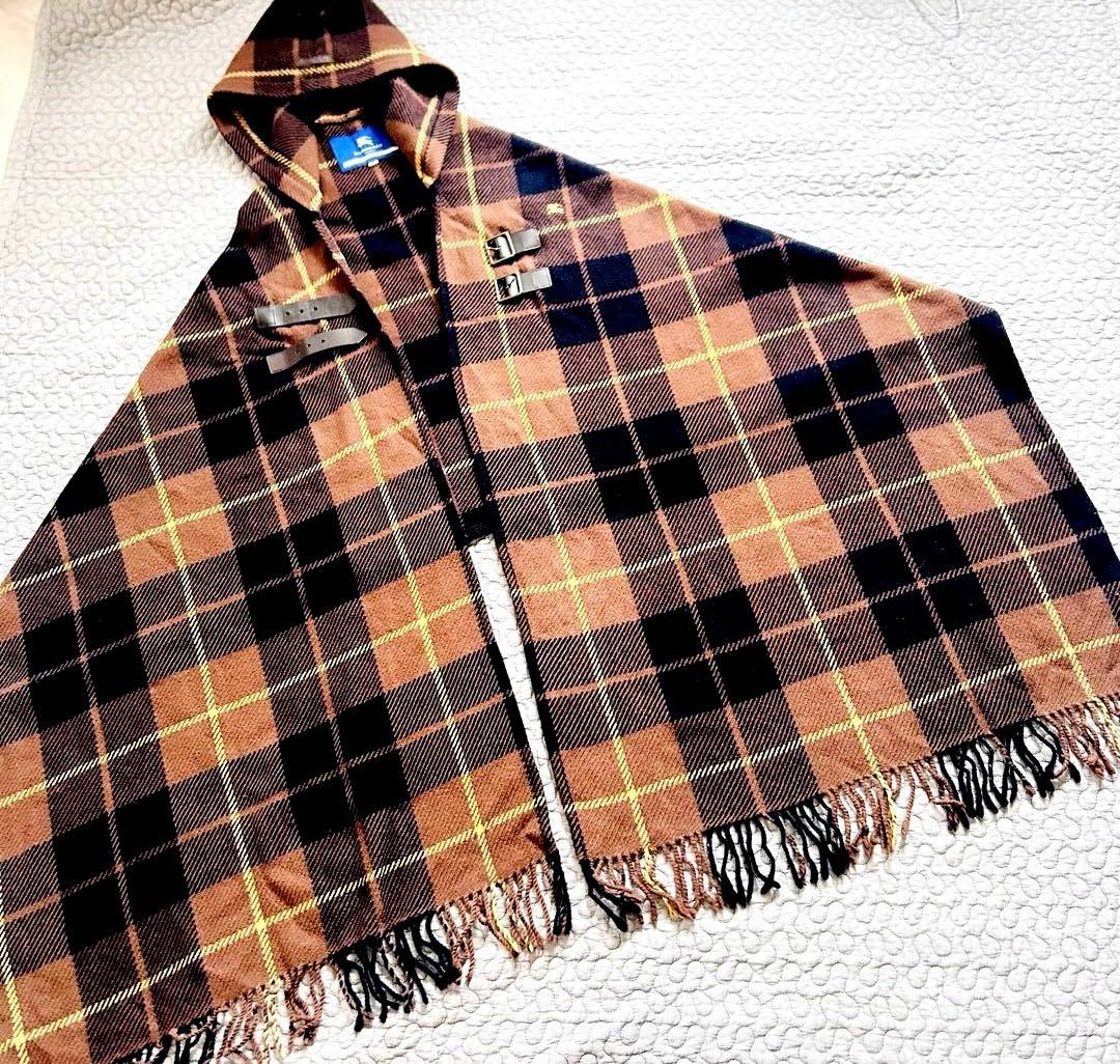 バーバリーブルーレーベル❤️ポンチョ ストール チェック フード　ウール100