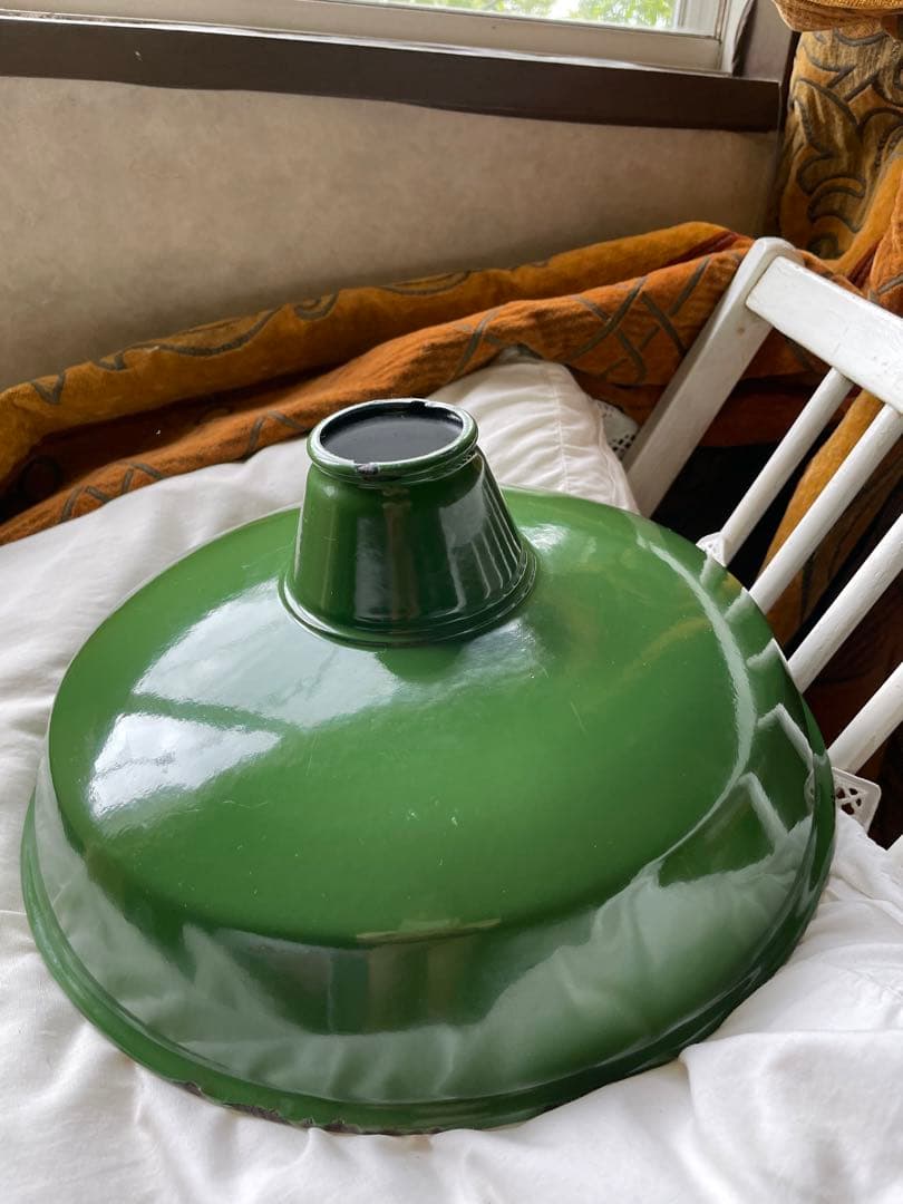 青柳アンティーク　ホーロー　大きな　ランプ　シェード　グリーン　重厚　美品