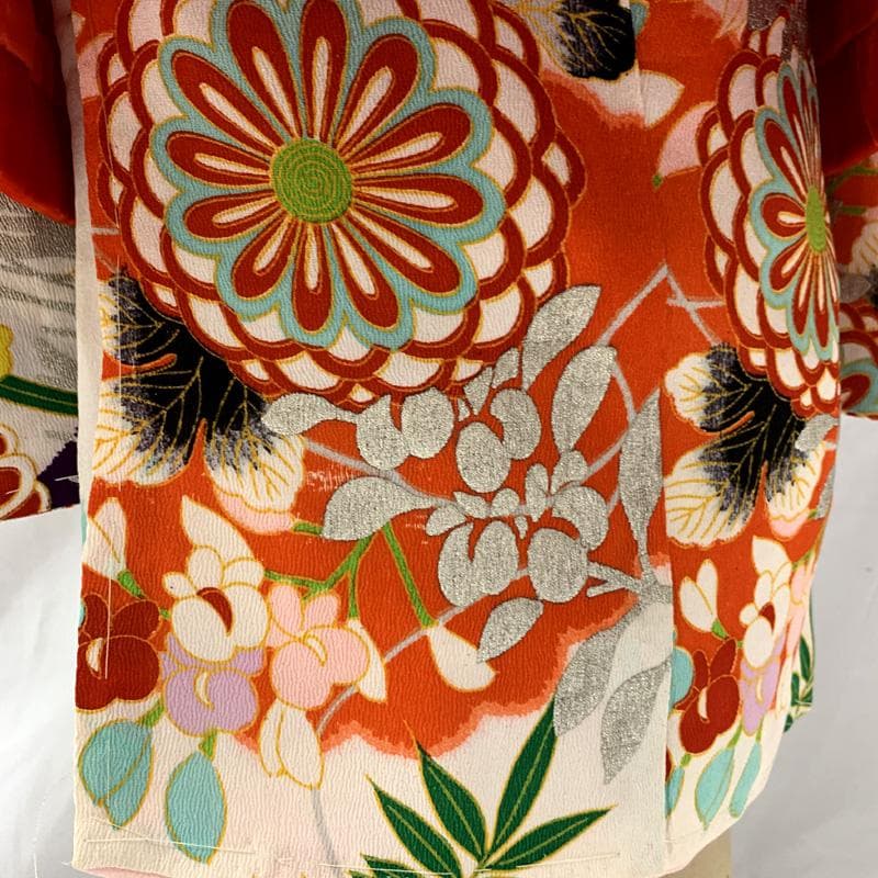 510ag63□七五三 三歳 アンティーク 着物&被布 銀彩 御所車□状態良好