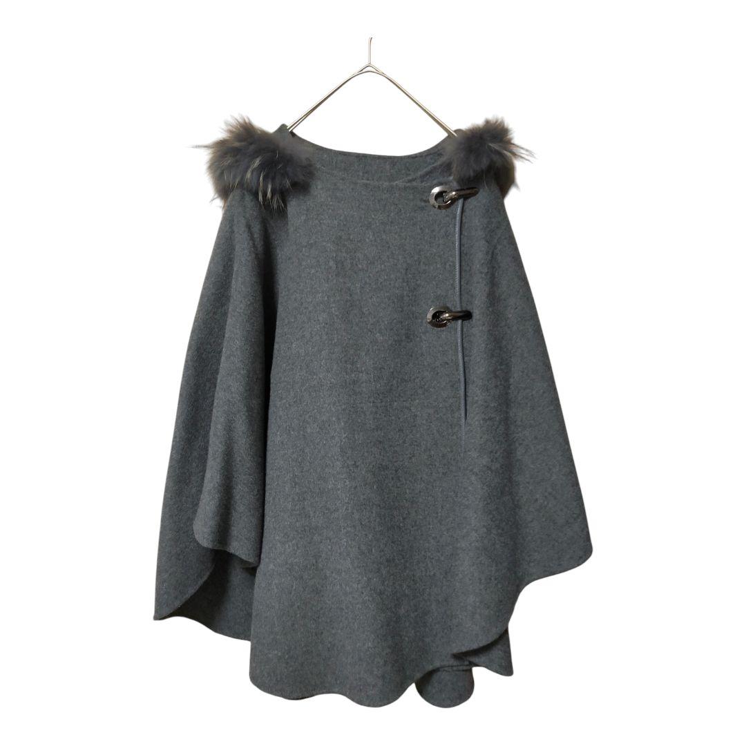 カシミヤ混 ウール ケープ マント ポンチョ ファー フード付 グレー