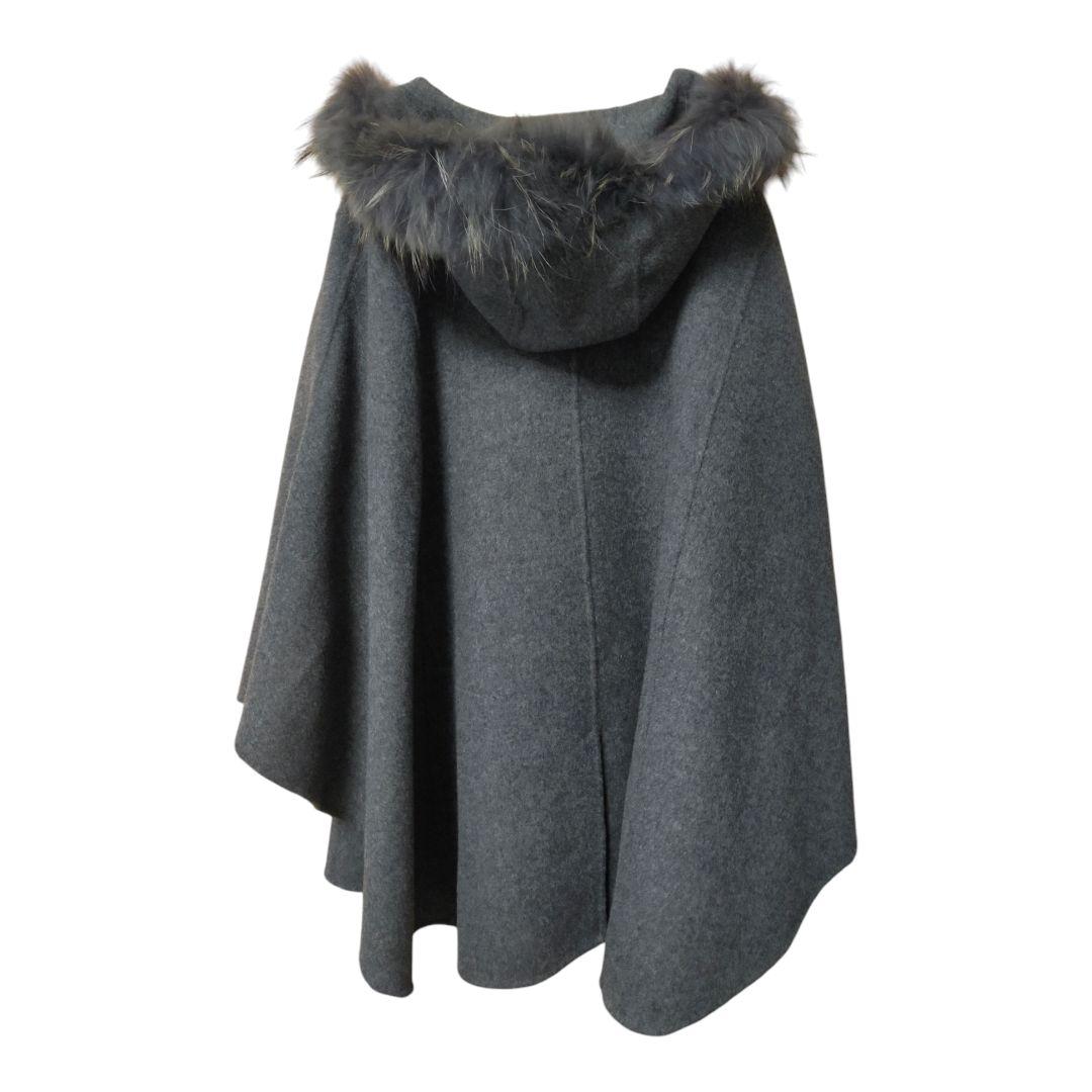 カシミヤ混 ウール ケープ マント ポンチョ ファー フード付 グレー