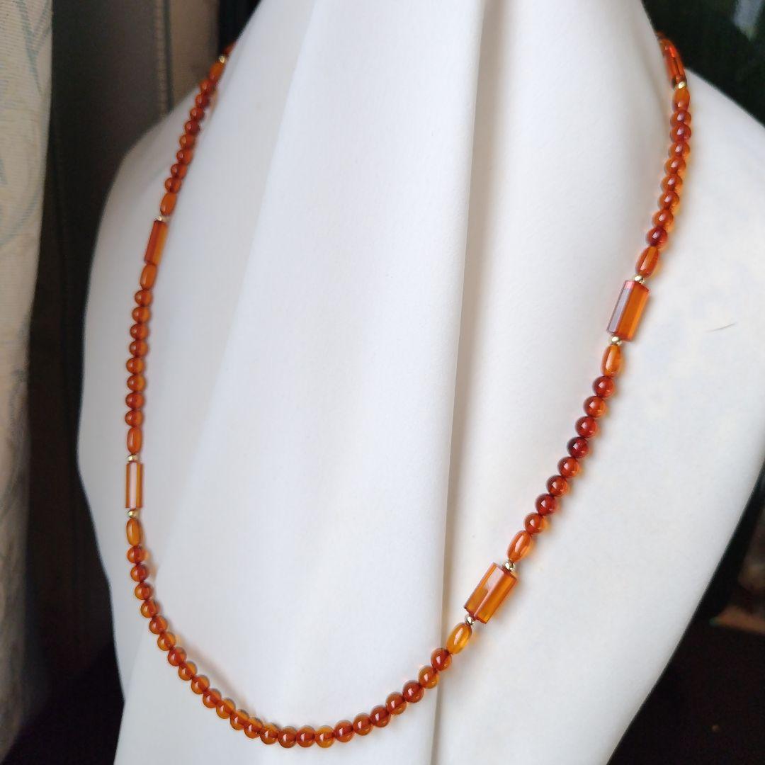 K18 迫力の特大トップ付き、本琥珀のセミロングネックレス