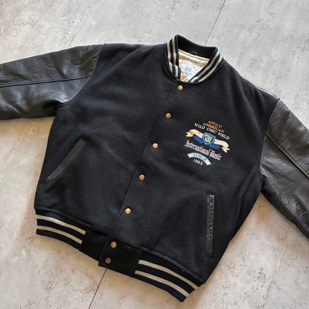 古着 アメカジ スタジャン レザー切替 本革 両面刺繍 リブライン 黒 M