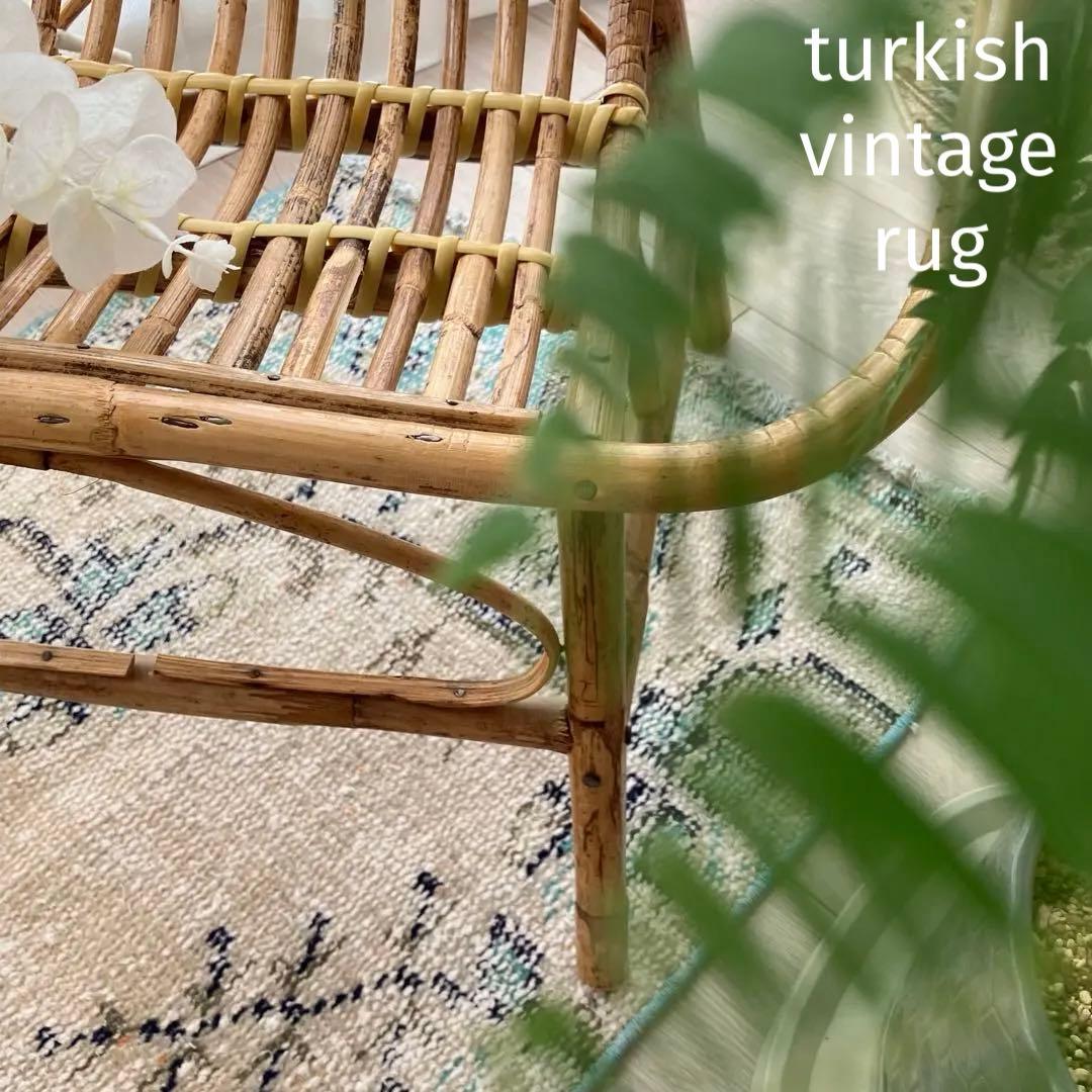 スカイブルー✳︎53×108✳︎額縁Design アイボリー　トルコヴィンテージラグ