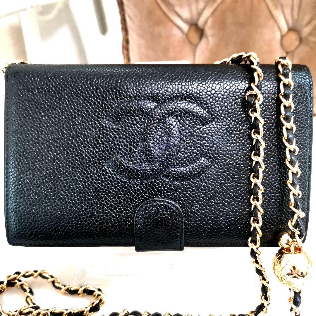【極美品】シャネルCHANELキャビアスキン黒ココマーク長財布 新品ショルダー