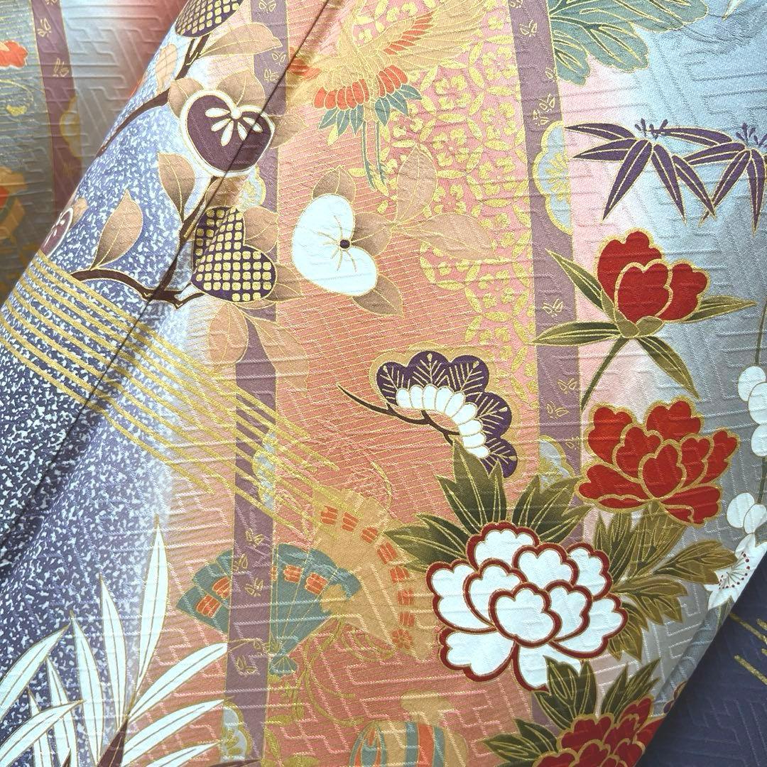 346 振袖フルセット 正絹 サーモンピンク くすみ グレー 金彩 暈し染め