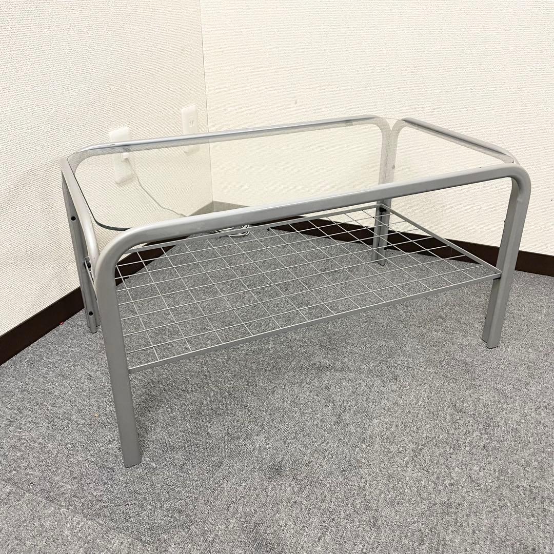 【アンティーク】アイアンフレーム 長方形 ガラスローテーブル 網棚付 昭和レトロ