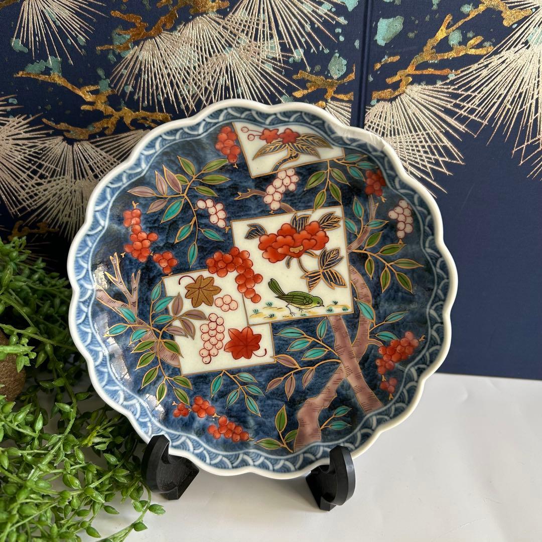 福右衛門 古伊万里 手描き 染錦 花果模様 波型皿