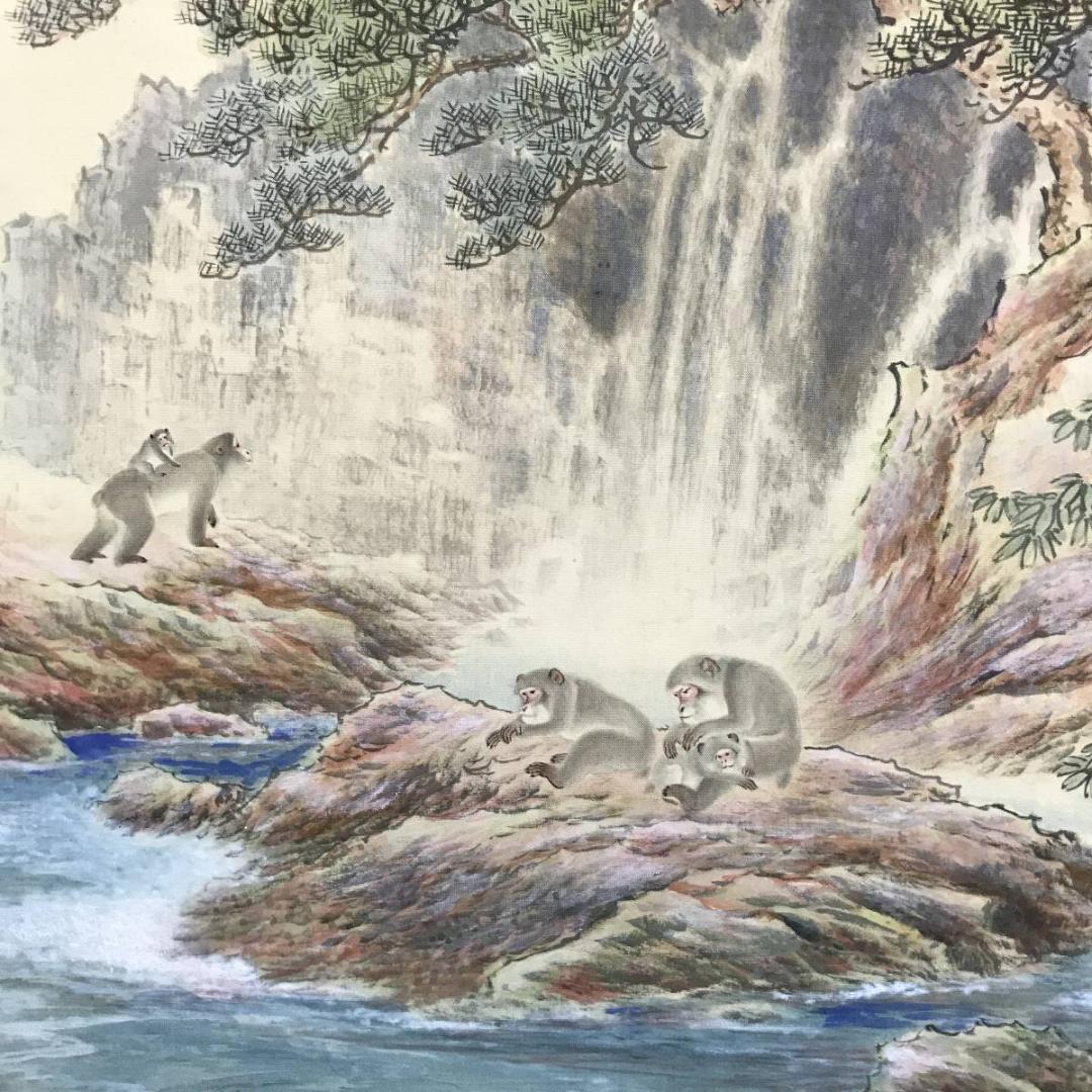 真作/吉村鳳柳/渓流遊猿之図/山水図/猿図/花鳥図/掛軸/名家伝来/AE-261