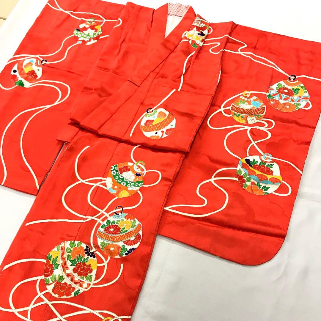 梅乃【082】正絹　7歳　四つ身　着物　朱色　鈴　手描き友禅　本加工　上質