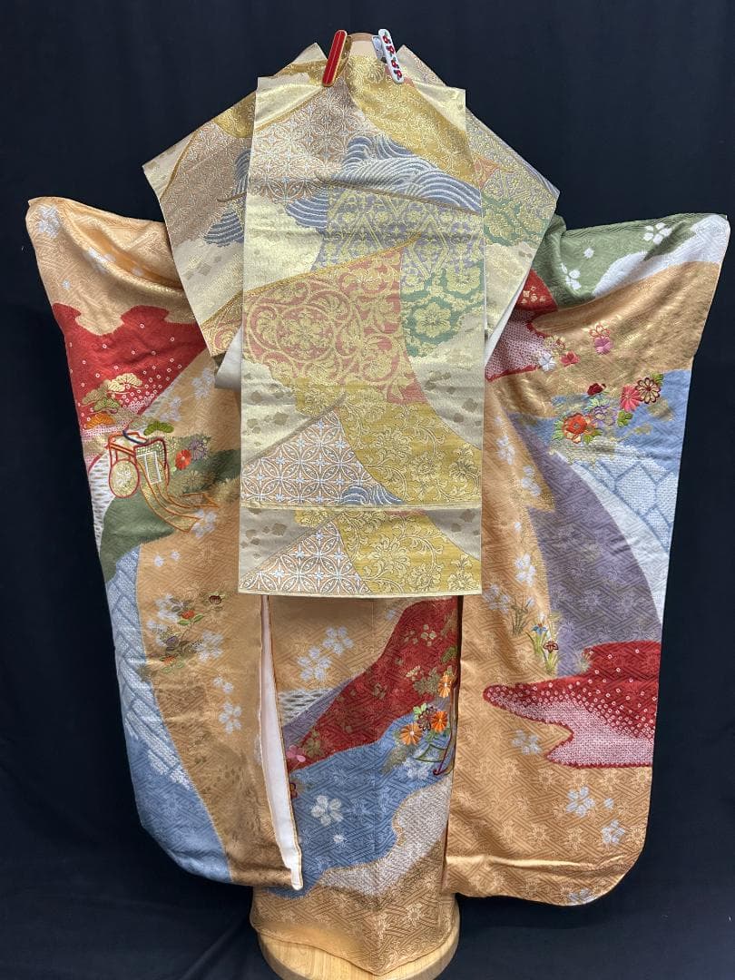 逸品 千總 桶絞り 刺繍 薄黄色オレンジ地染め分け振袖 単品