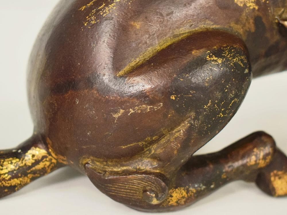 銅】☆ 文房 銅鍍金坐姿獬豸造像 ☆清朝期伝説神獣 細密鋳造雅玩雑項