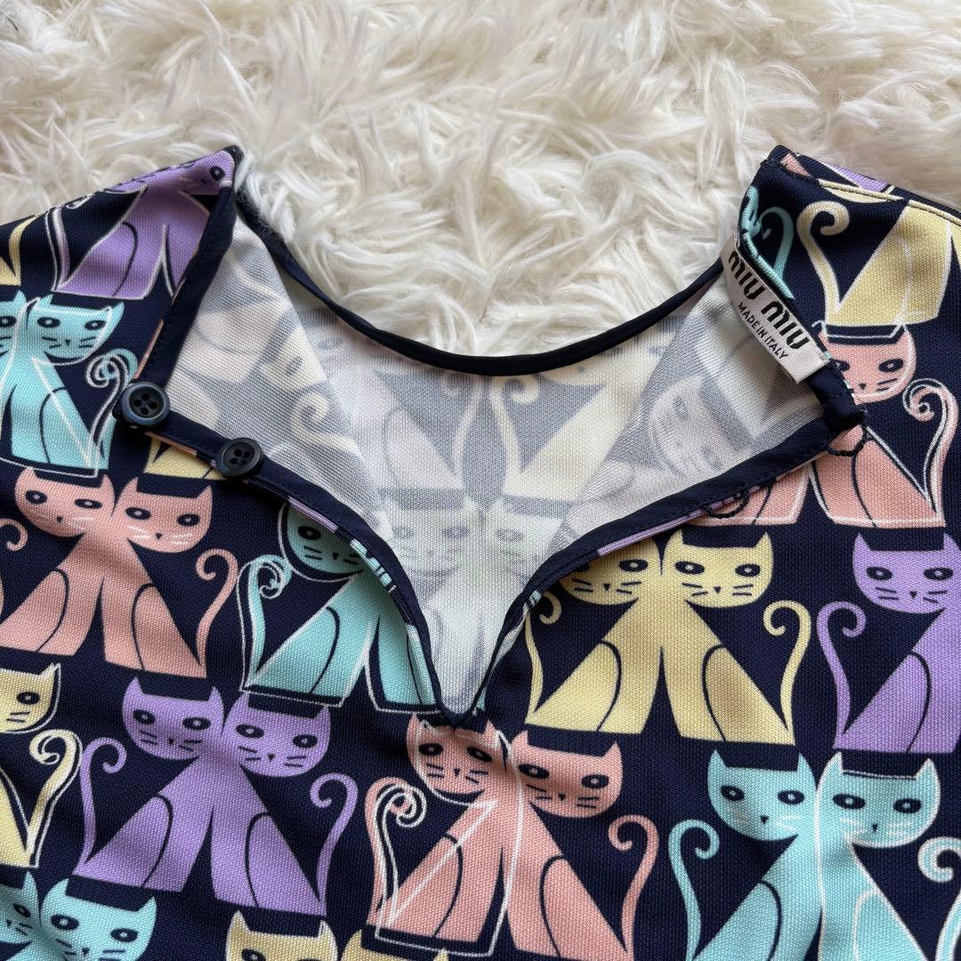 極美品 miumiu 猫柄 定価20万円 ベルト付ワンピース 40