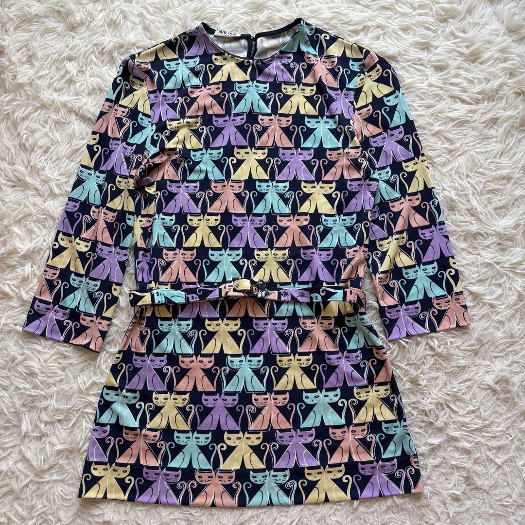 極美品 miumiu 猫柄 定価20万円 ベルト付ワンピース 40
