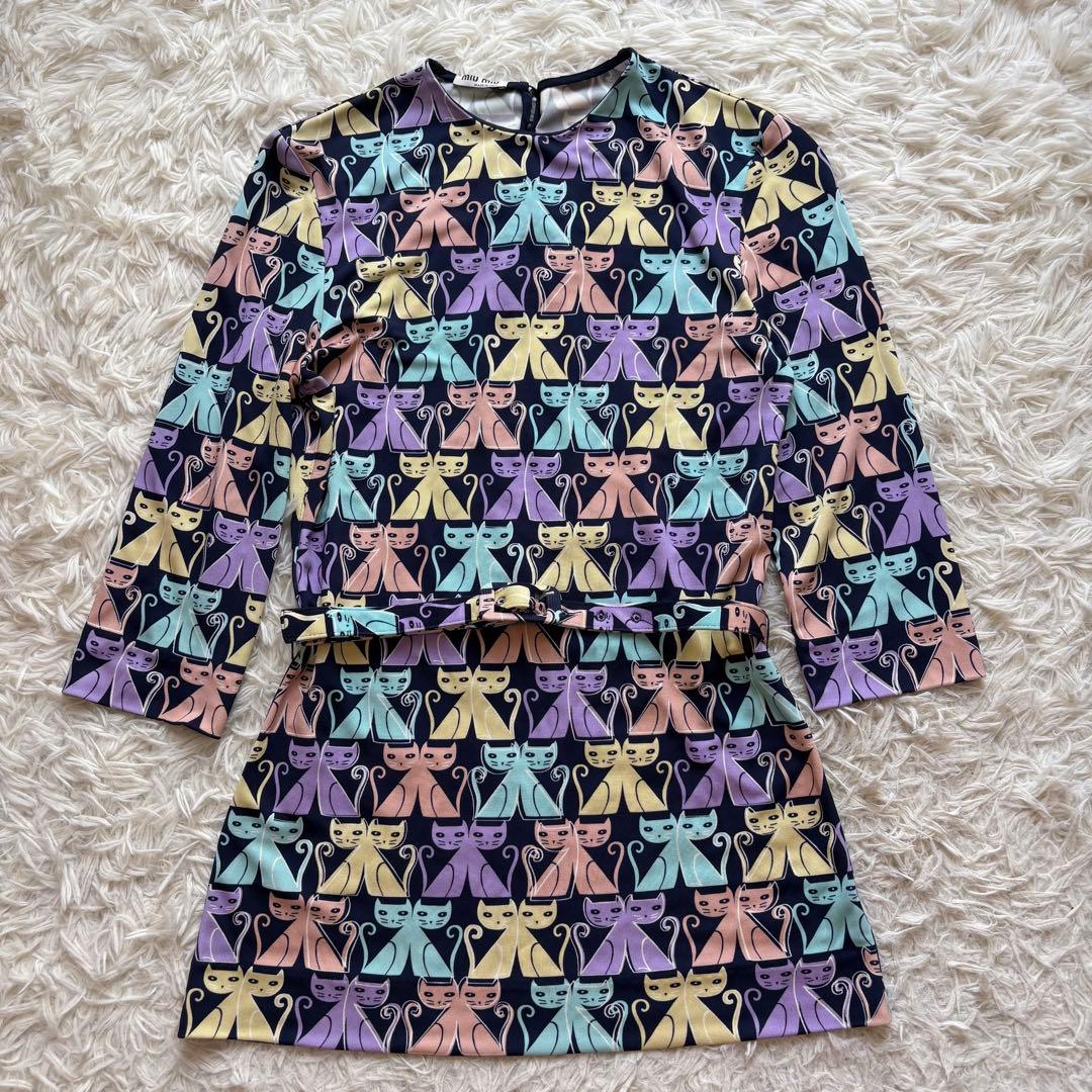 極美品 miumiu 猫柄 定価20万円 ベルト付ワンピース 40