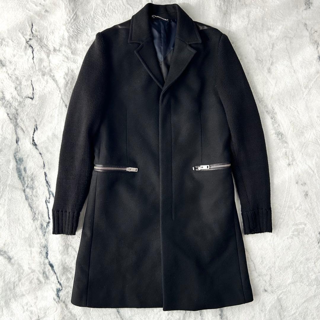 美品✨　DIESEL チェスターコート　レザー　ニット　切替　ウール　キレイめ