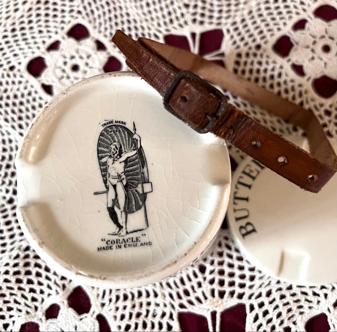 イギリスアンティーク バターピクニックジャー レザーバンド付バタージャー