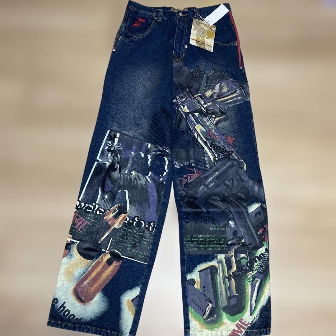 ARME 銃 ピストル ワッペン 刺繍 ワイドデニムパンツ サイズ32