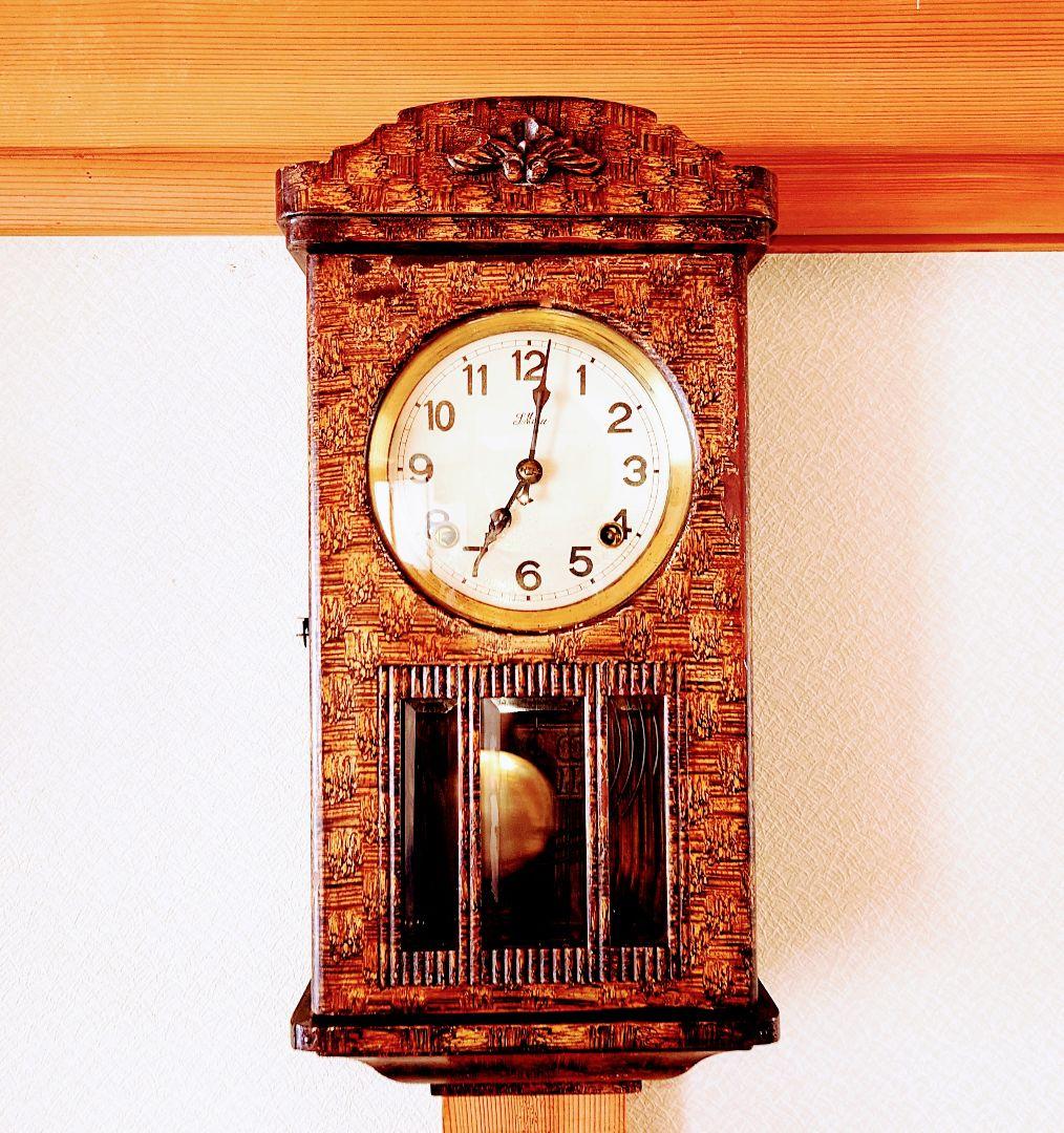 完動・美品〉S.MIZU 特殊技法刷毛目塗 宮型ゼンマイ振り子時計 古時計