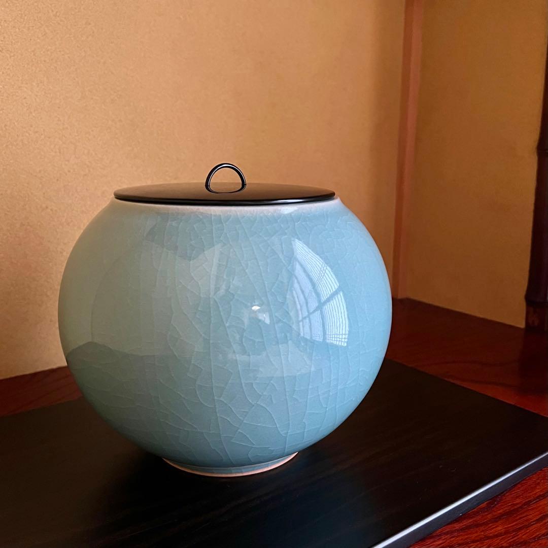 九谷焼 作家もの 青磁 水指 堂前忠正 茶道具 漆塗蓋付 共箱