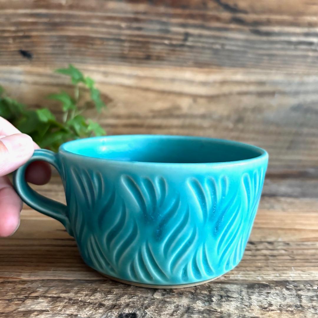 しのぎスープカップ スープボウル ターコイズ 2個セット 益子焼