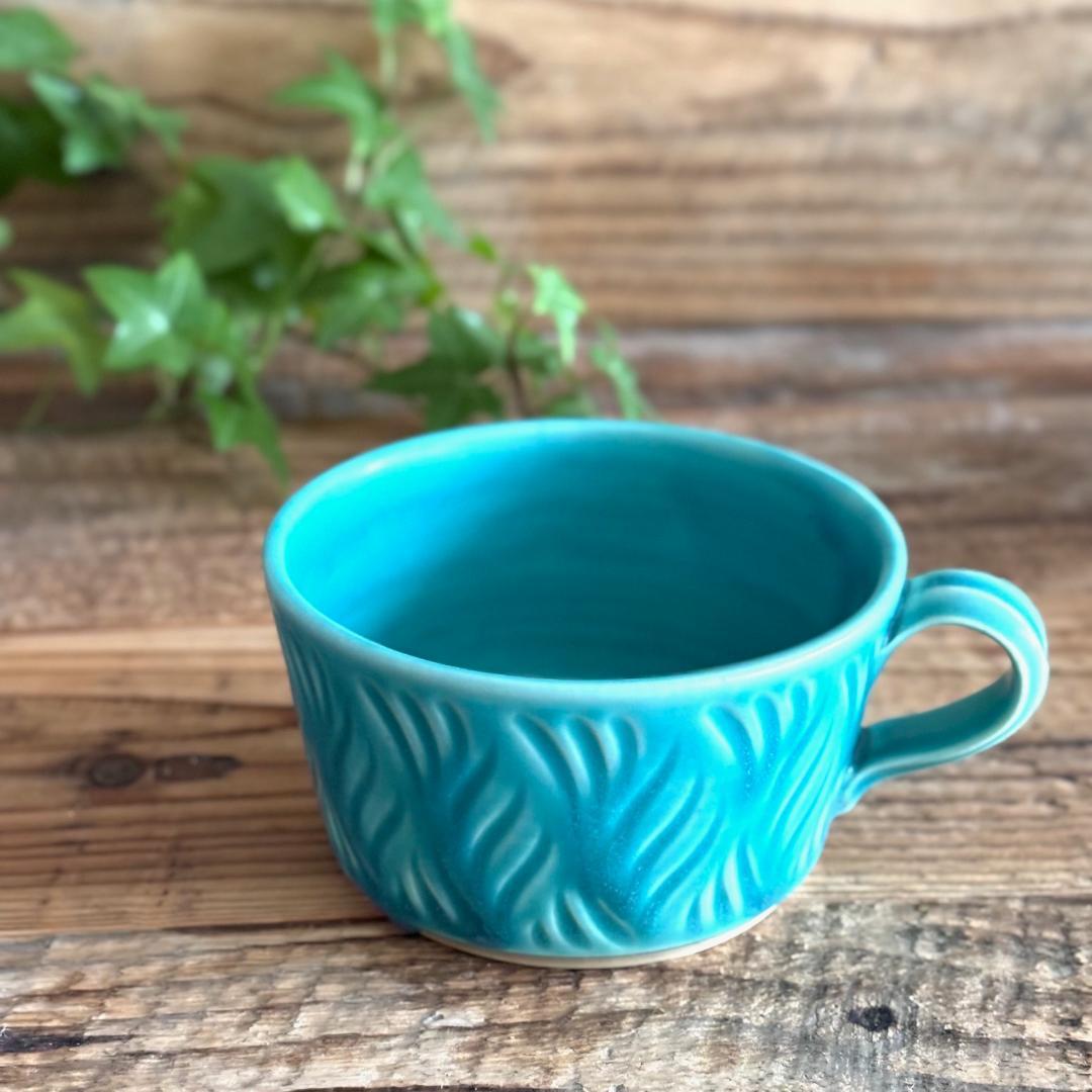 しのぎスープカップ スープボウル ターコイズ 2個セット 益子焼