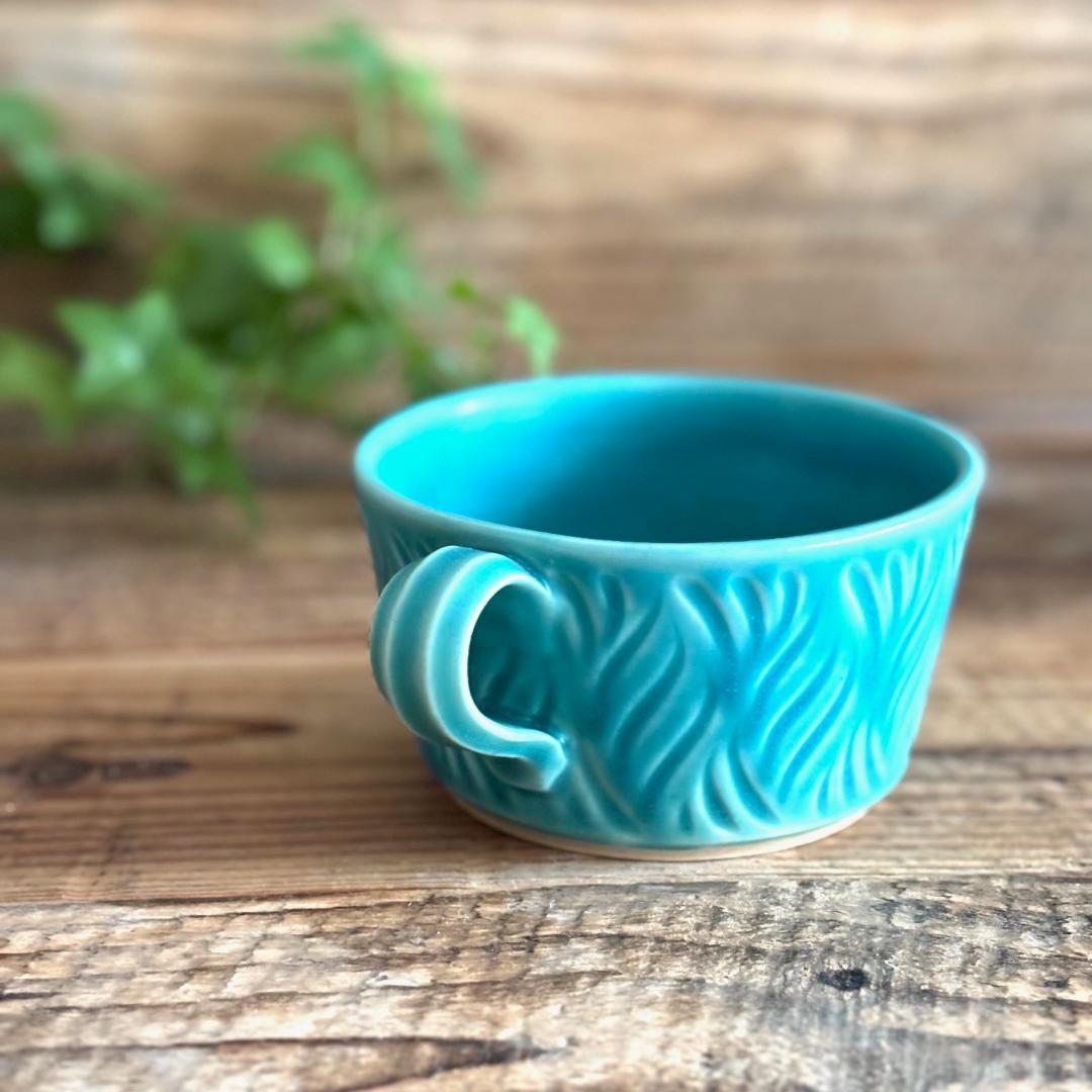 しのぎスープカップ スープボウル ターコイズ 2個セット 益子焼