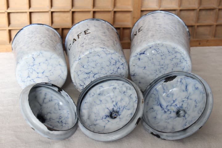 フランスアンティーク ホーローキャニスター3点 マーブル