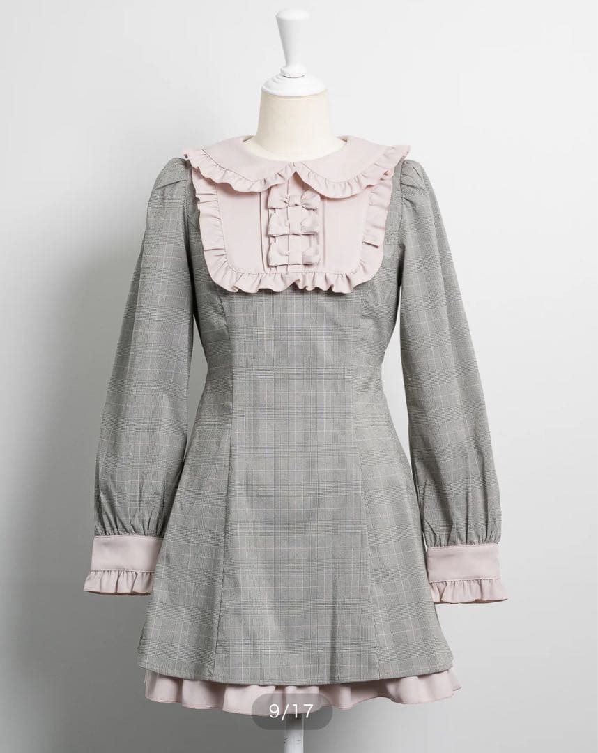 pium ピウム スクエアフリルリボンドーリーワンピース グレーチェック