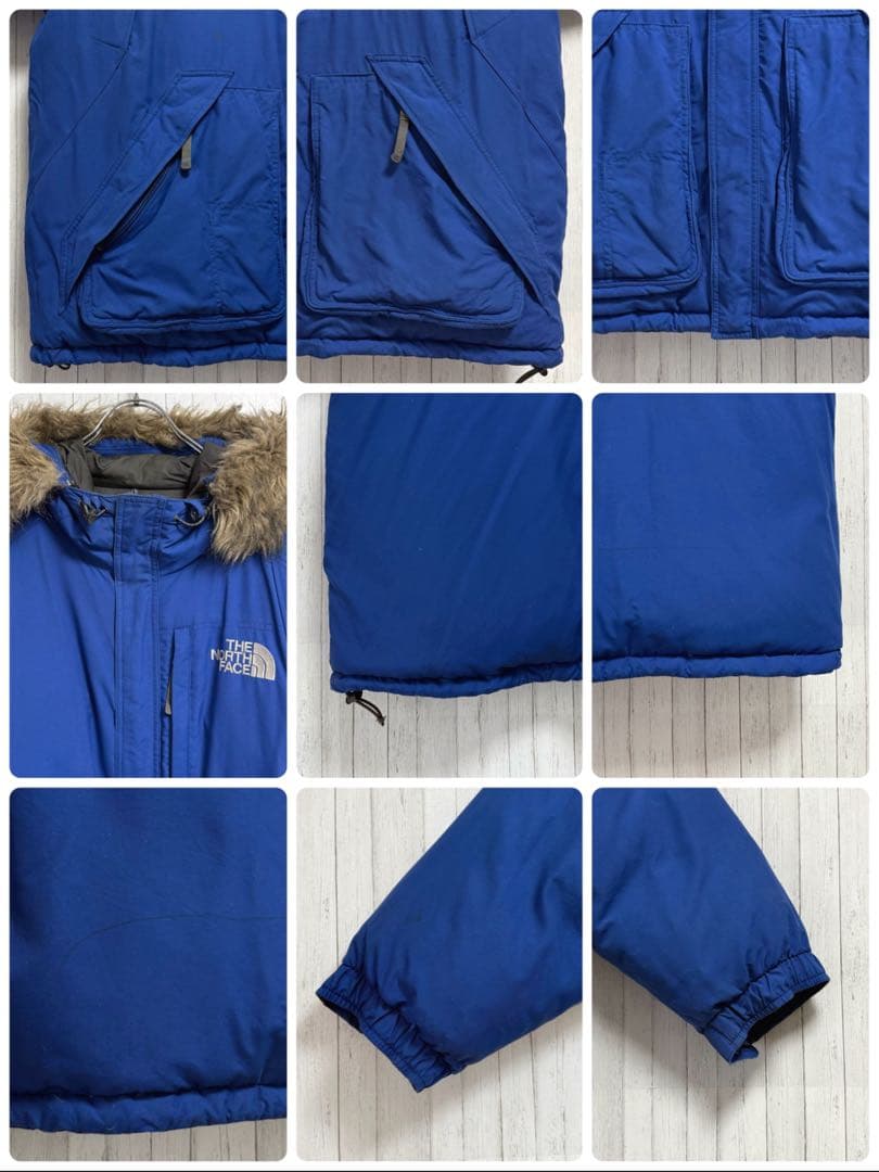 ノースフェイス　ダウンジャケット　ファー付　刺繍ロゴ　ブルー　XL　アウトレット