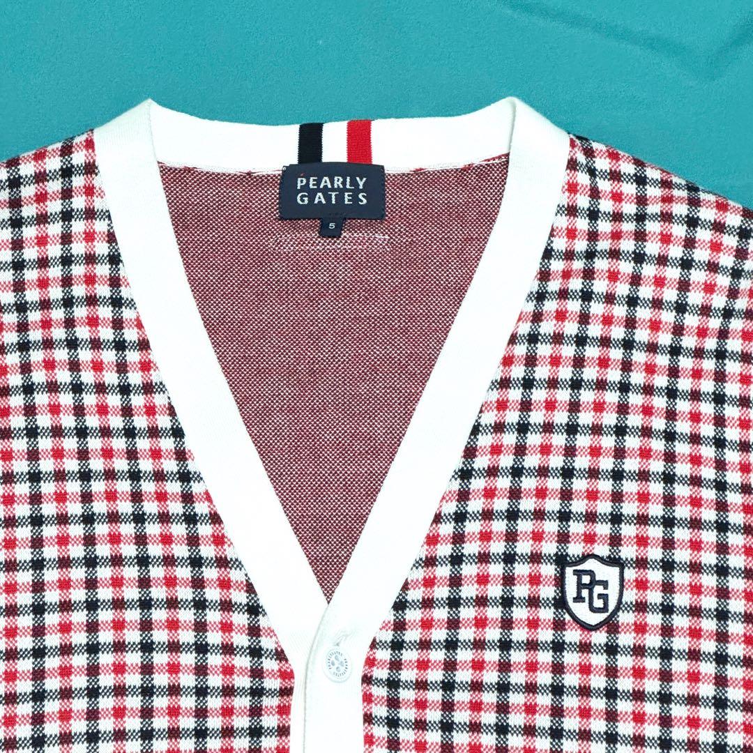 良好 パーリーゲイツ チェック柄コットンカーディガン 赤白黒 Ｖネック長袖人気