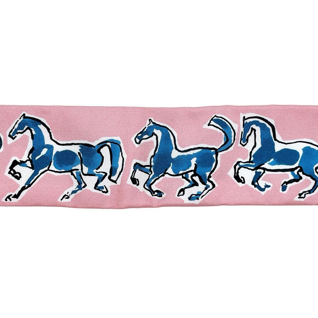 美品 エルメス ツイリー スカーフ シルク 自由の馬 ピンク ブルー レディース