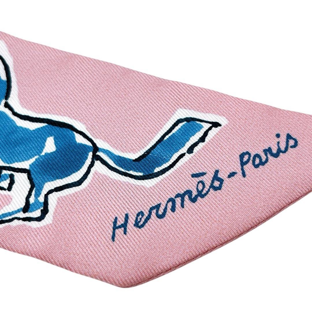 美品 エルメス ツイリー スカーフ シルク 自由の馬 ピンク ブルー レディース