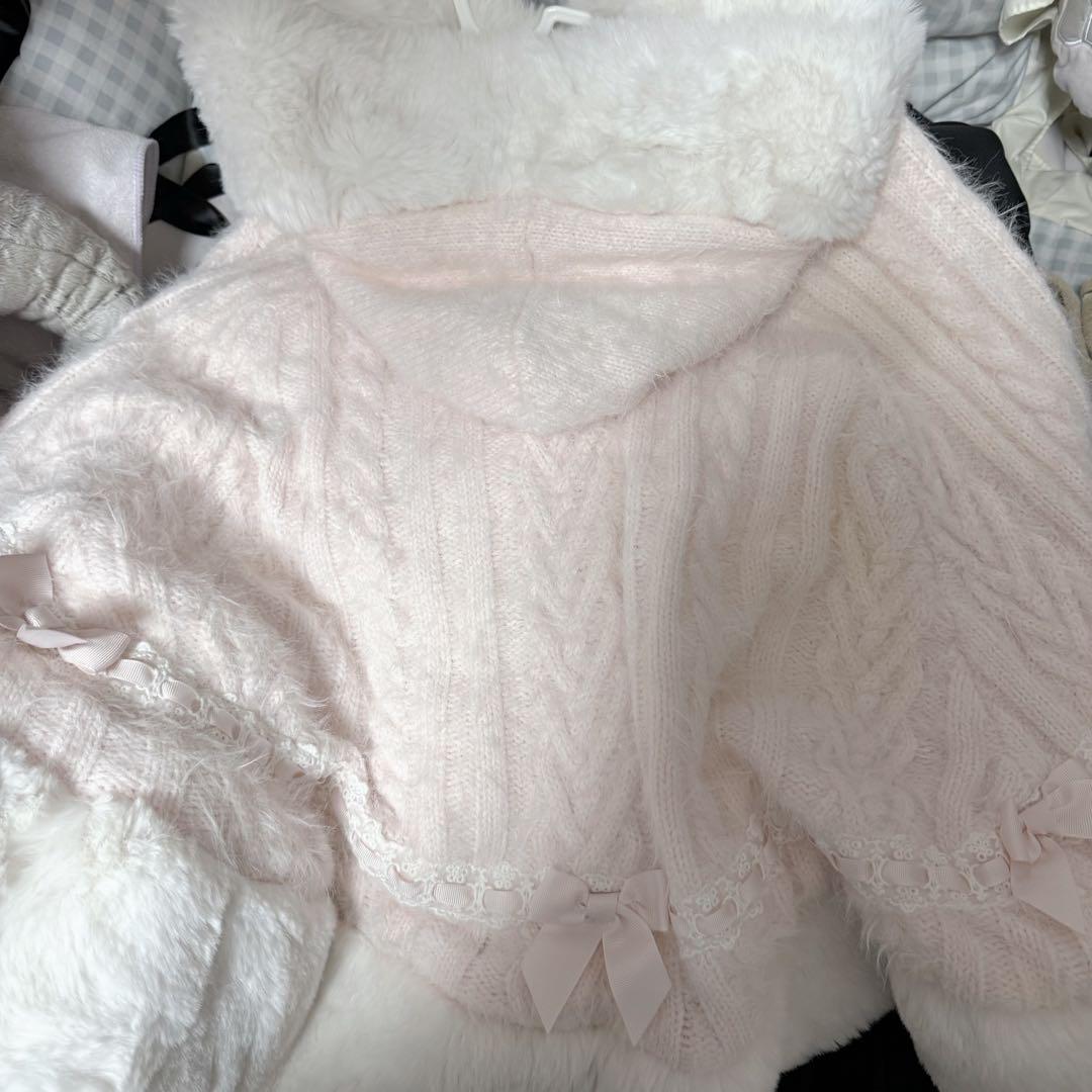 LIZLISA ダブルリボンニットファーポンチョ ピンク